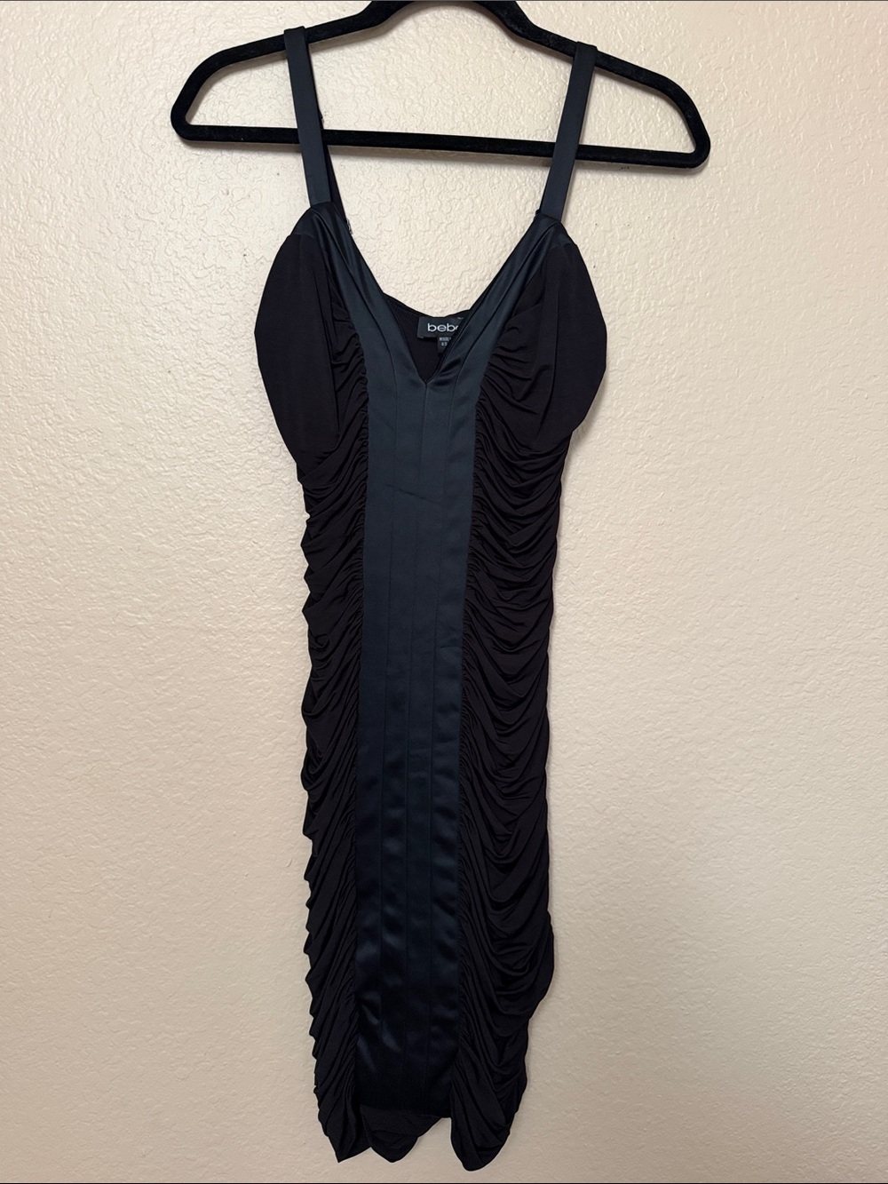 bebe Black Ruched Satin-Trim Bodycon Dress- Small
